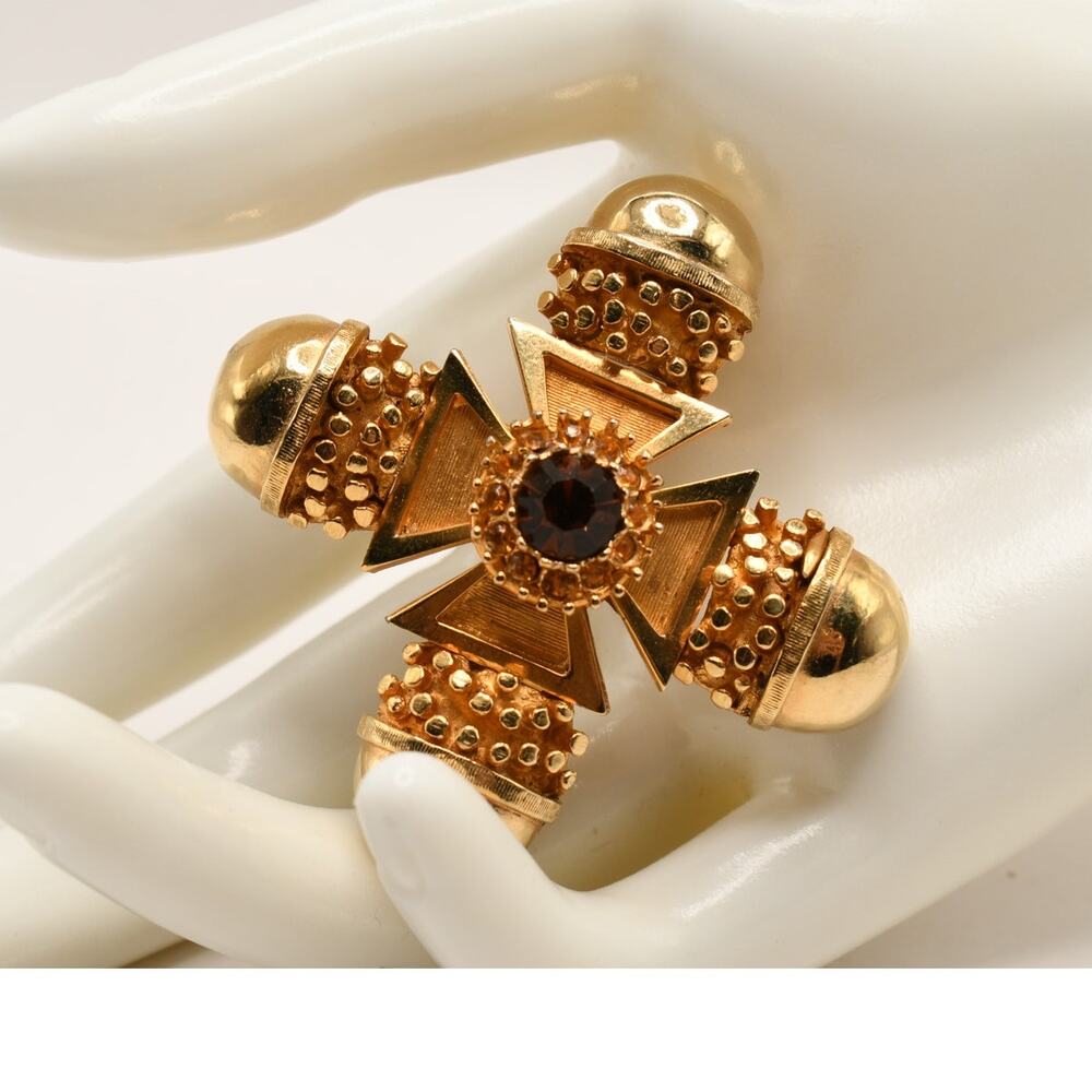 Vintage Benedikt NY Maltese Cross Brooch Gold Tone Brown Rhinestone Signed